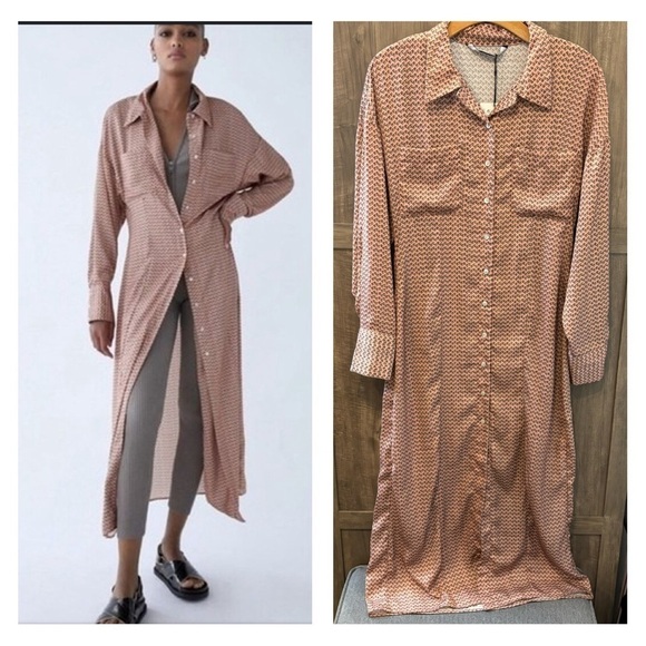 NWT Zara Long Shirt Dress Button Down Pink Floral Satin Long Sleeve - Picture 1 of 12